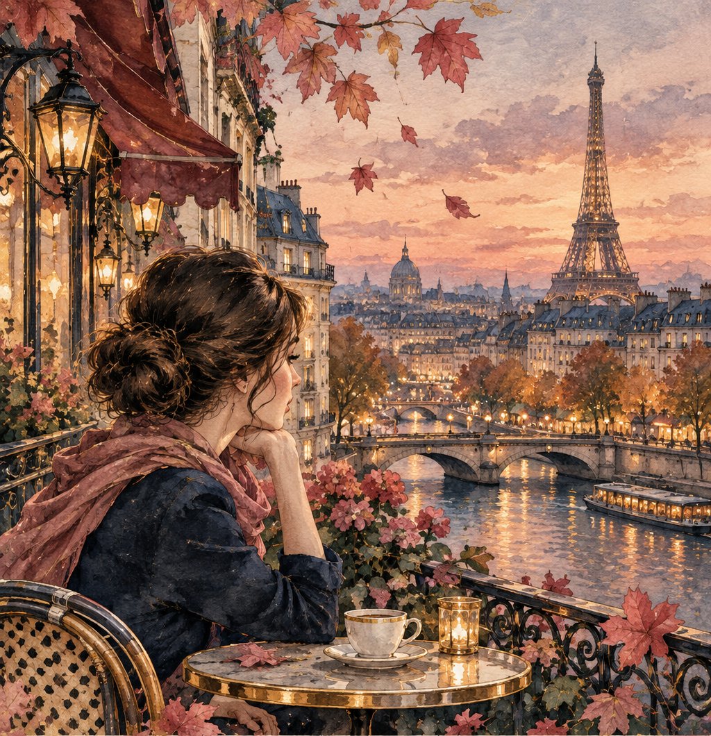 Watercolor painting of a woman at a café table on a balcony above the Seine at sunset, the Eiffel Tower and a river boat beyond, autumn leaves drifting past